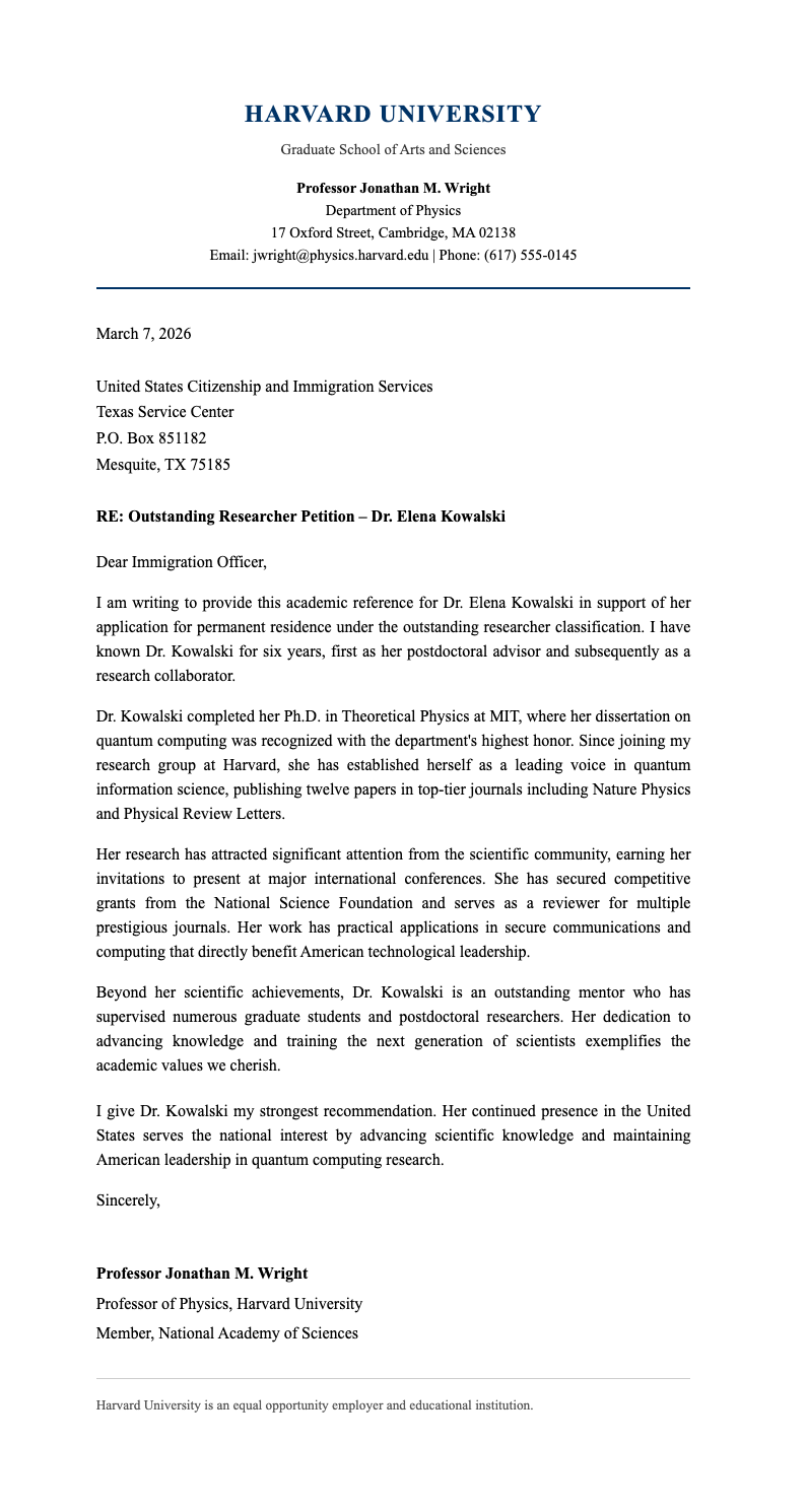 Academic formal immigration reference